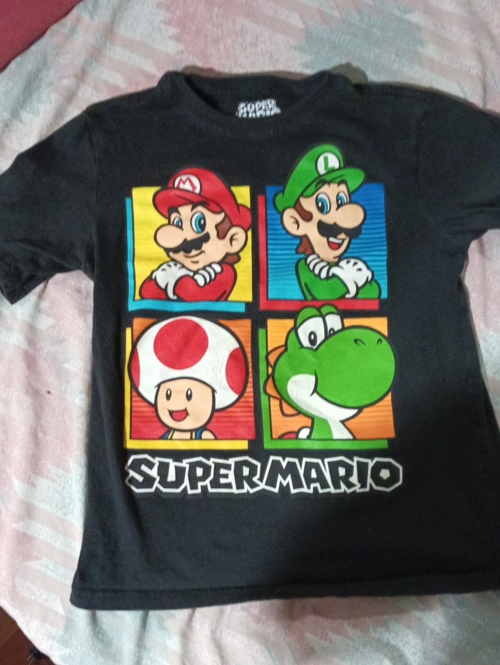 Nintendo Black Kids T-Shirt with Colorful Mario, Luigi, Toad & Yoshi Panels